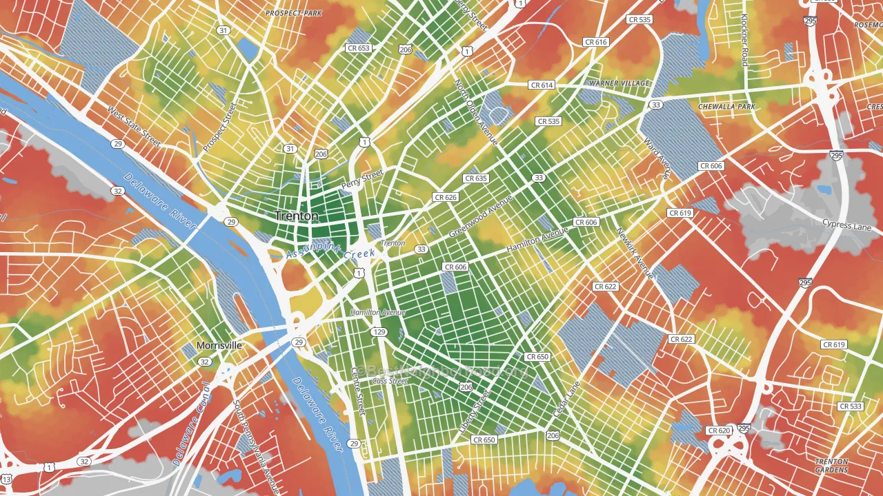 Walk Grade map of Greenwood and Hamilton, Trenton, NJ, walkable areas in green and car-dependent areas in red