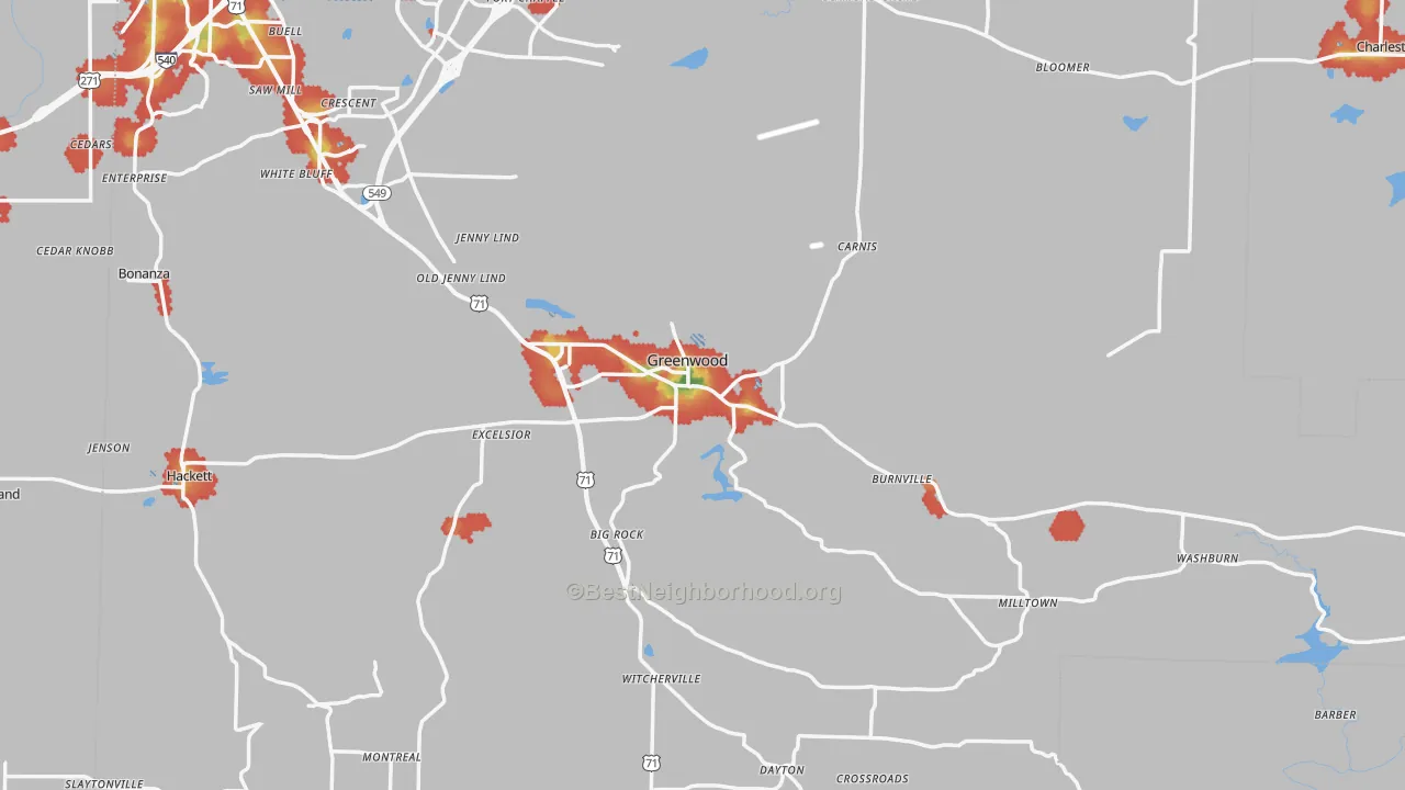 Walk Grade map of Greenwood, AR, walkable areas in green and car-dependent areas in red