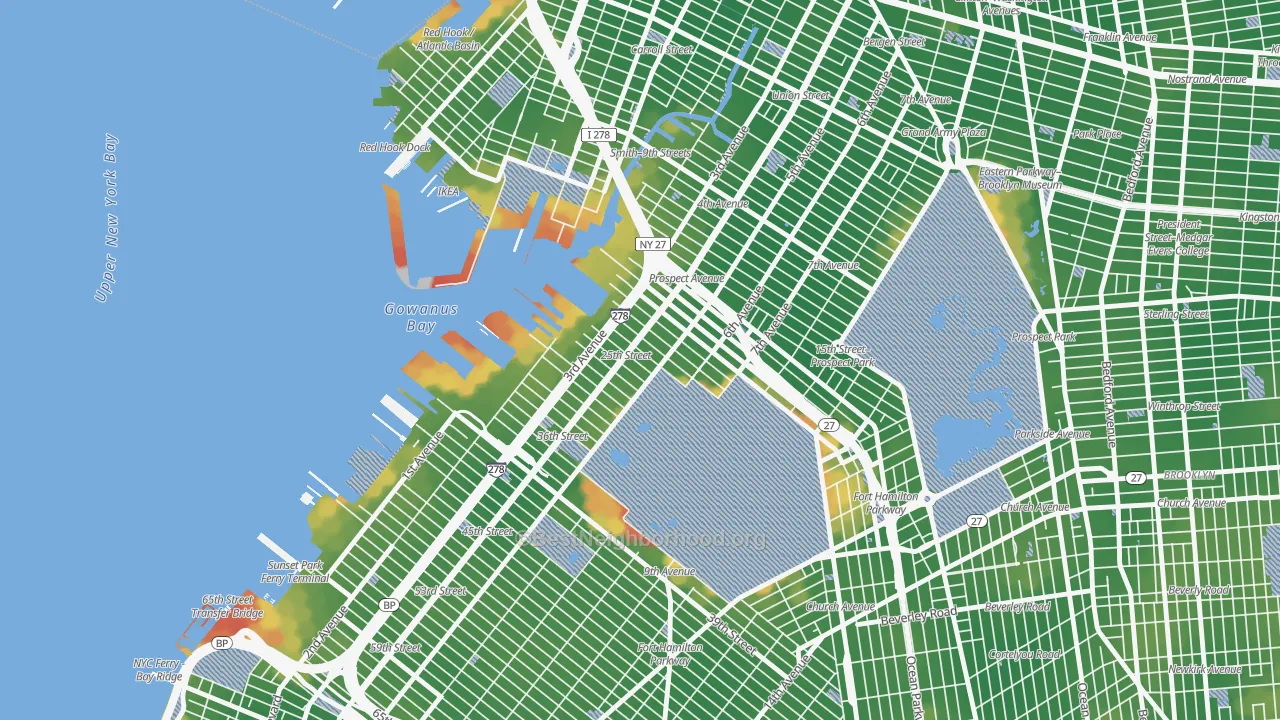 Walk Grade map of Greenwood, Brooklyn, NY, walkable areas in green and car-dependent areas in red