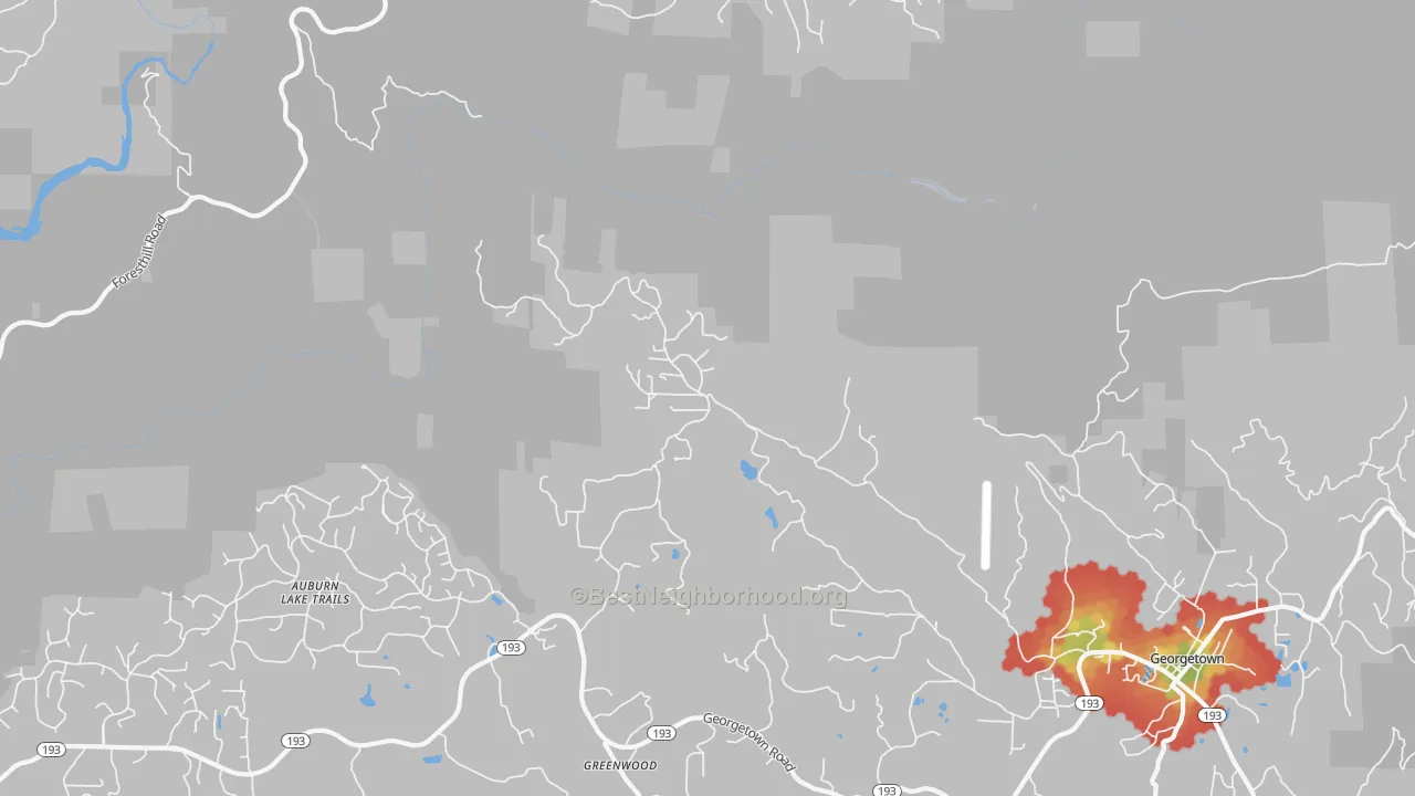 Walk Grade map of Greenwood, CA, walkable areas in green and car-dependent areas in red