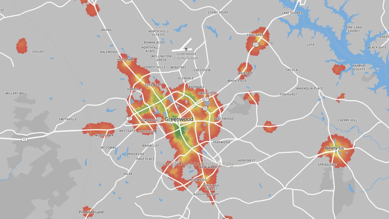 Walk Grade map of Greenwood County, SC, walkable areas in green and car-dependent areas in red