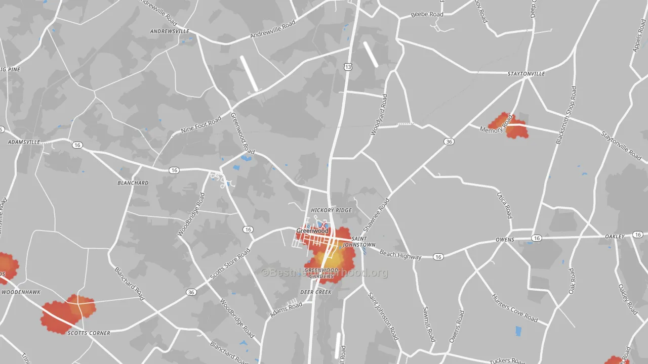 Walk Grade map of Greenwood, DE, walkable areas in green and car-dependent areas in red
