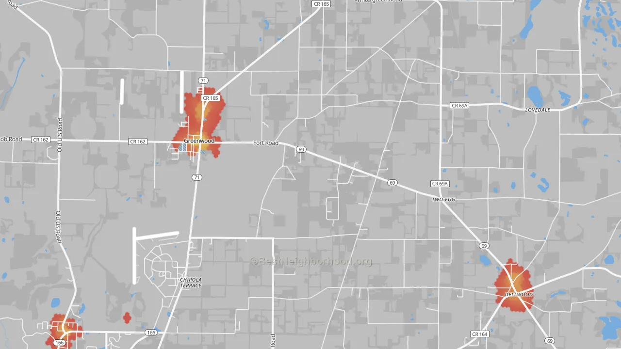 Walk Grade map of Greenwood, FL, walkable areas in green and car-dependent areas in red