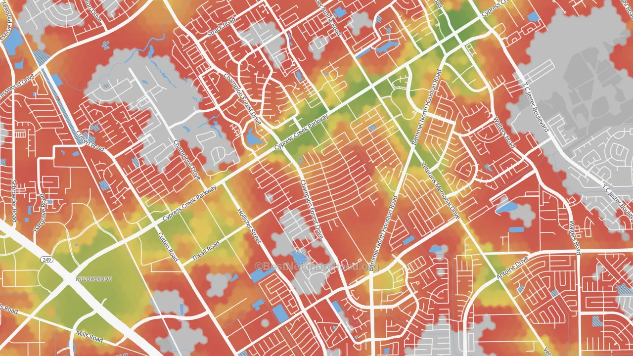 Walk Grade map of Greenwood Forest, Houston, TX, walkable areas in green and car-dependent areas in red