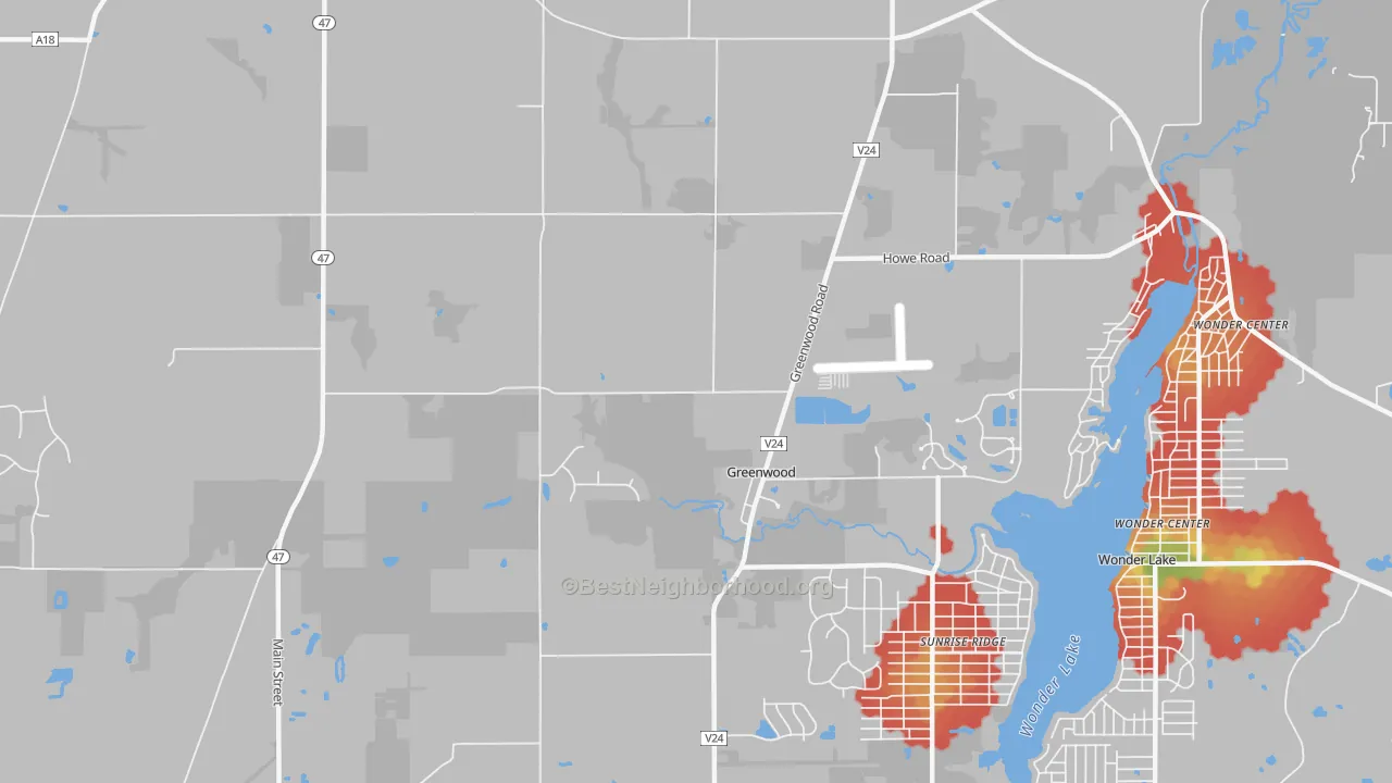 Walk Grade map of Greenwood, IL, walkable areas in green and car-dependent areas in red