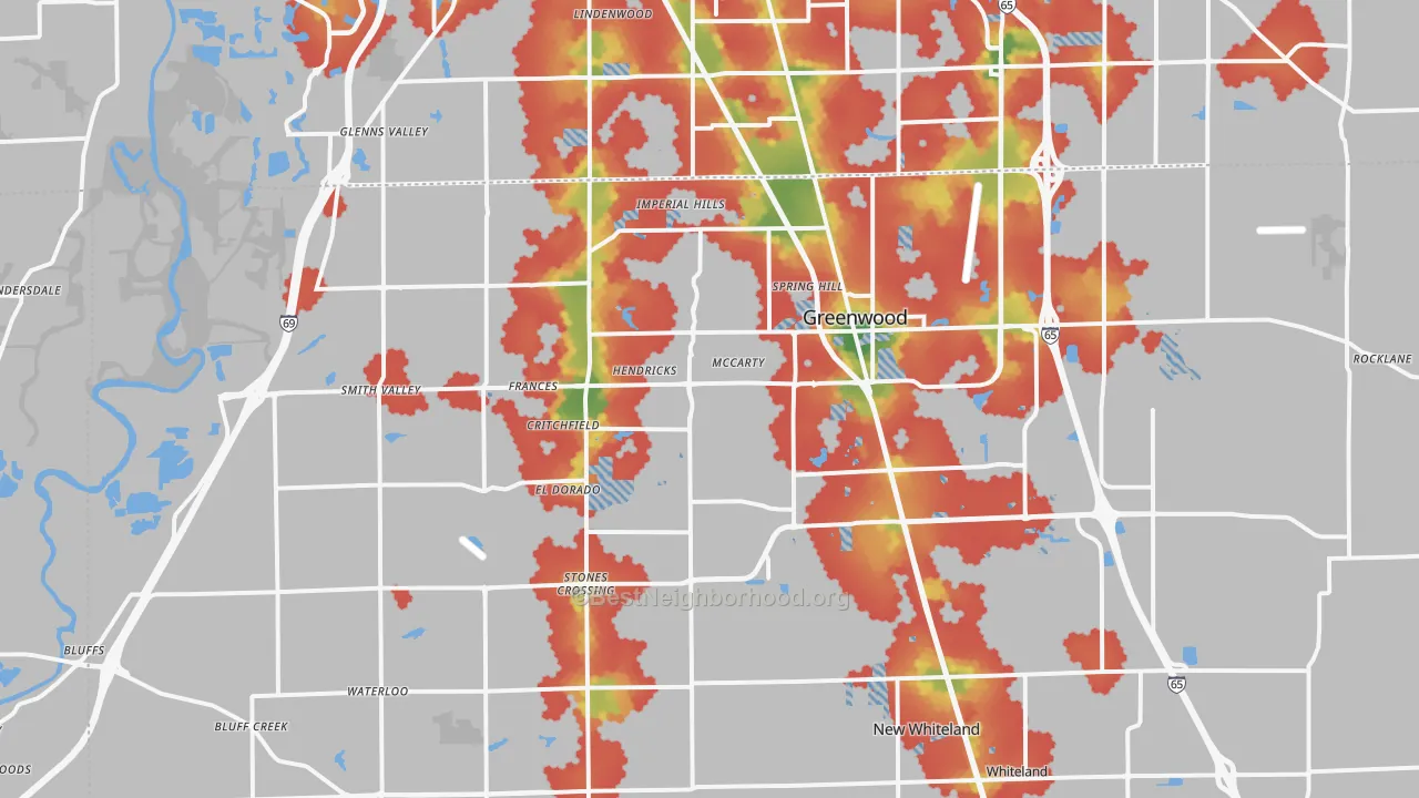 Walk Grade map of Greenwood, IN, walkable areas in green and car-dependent areas in red
