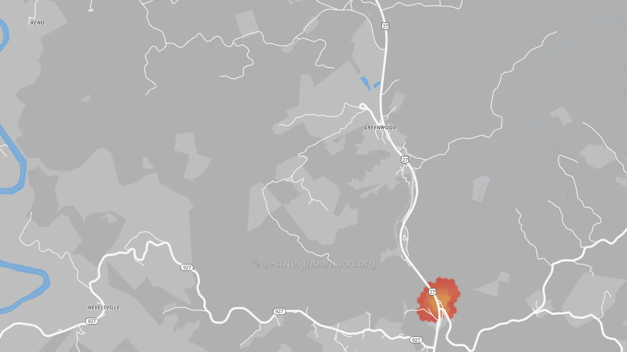 Walk Grade map of Greenwood, KY, walkable areas in green and car-dependent areas in red