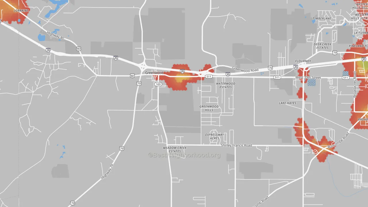 Walk Grade map of Greenwood, LA, walkable areas in green and car-dependent areas in red