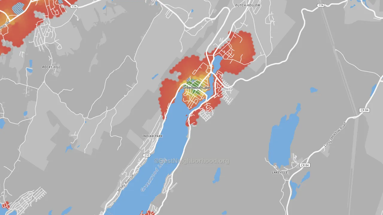 Walk Grade map of Greenwood Lake, NY, walkable areas in green and car-dependent areas in red
