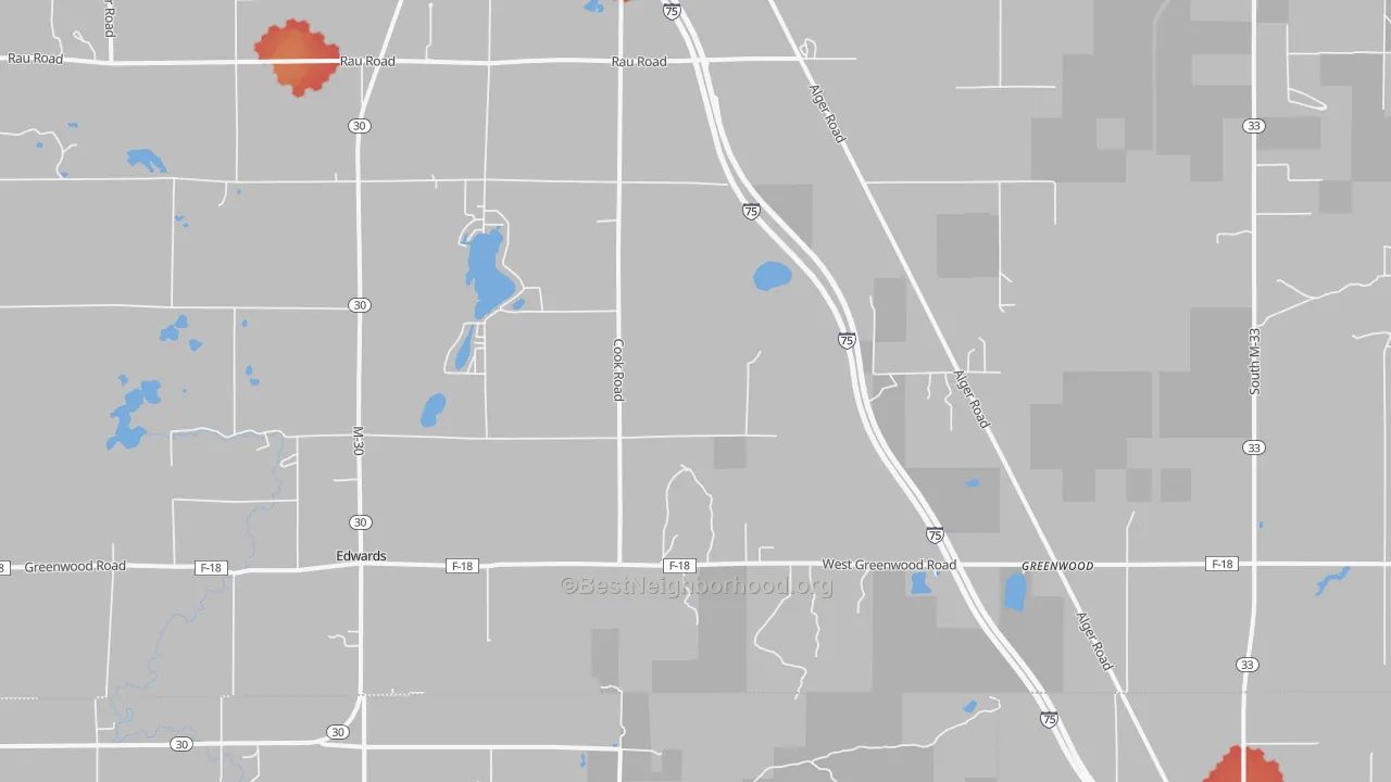 Walk Grade map of Greenwood, MI, walkable areas in green and car-dependent areas in red