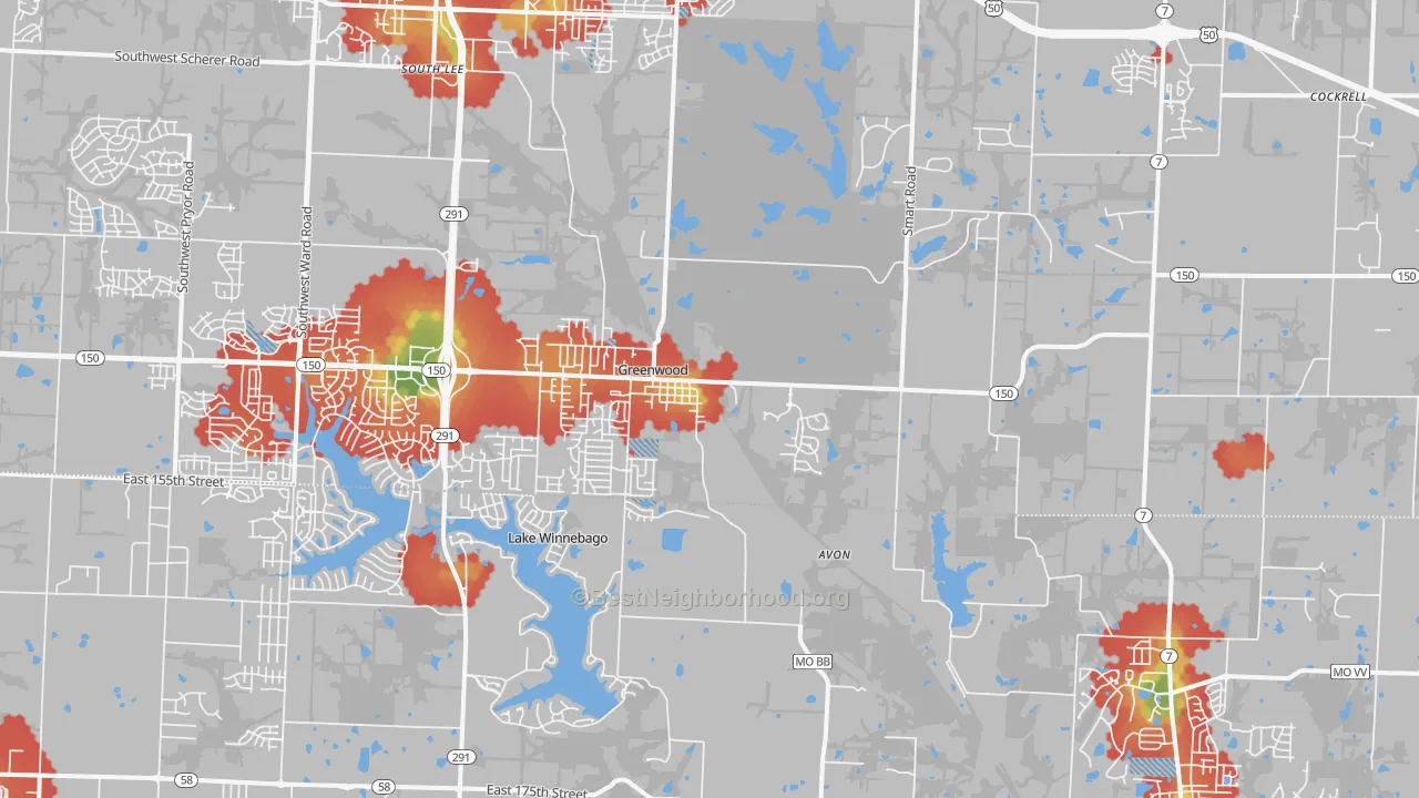 Walk Grade map of Greenwood, MO, walkable areas in green and car-dependent areas in red
