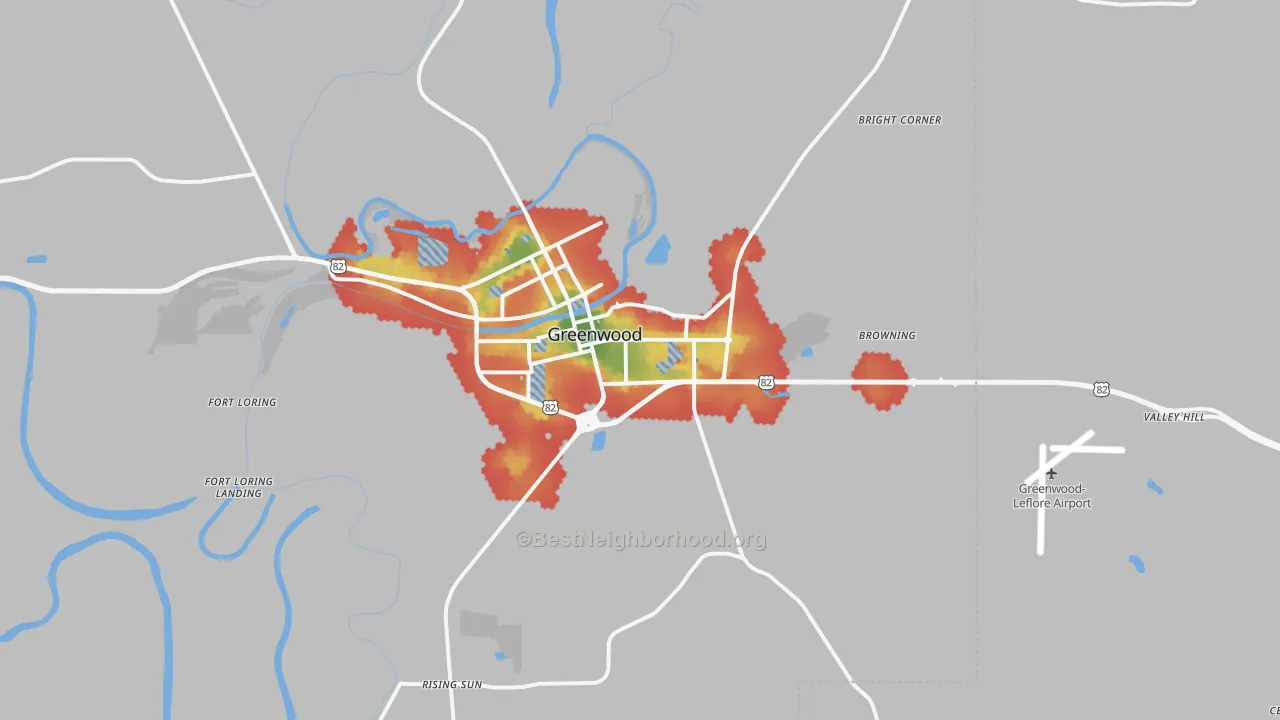 Walk Grade map of Greenwood, MS, walkable areas in green and car-dependent areas in red