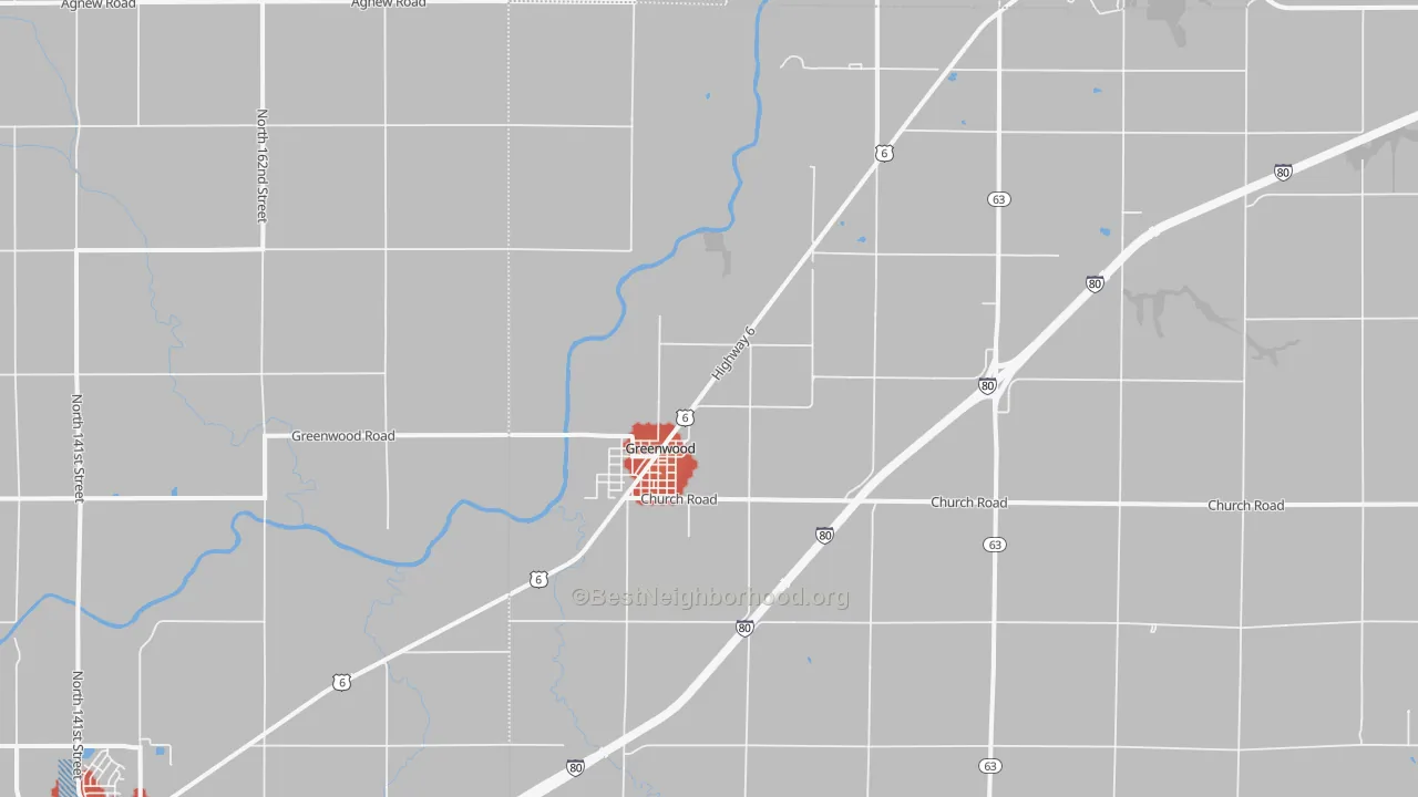 Walk Grade map of Greenwood, NE, walkable areas in green and car-dependent areas in red