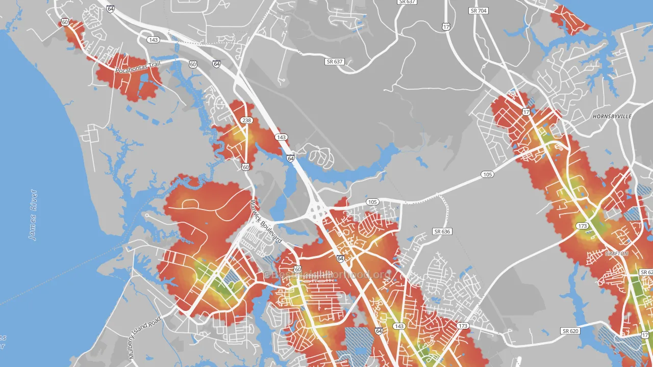 Walk Grade map of Greenwood, Newport News, VA, walkable areas in green and car-dependent areas in red