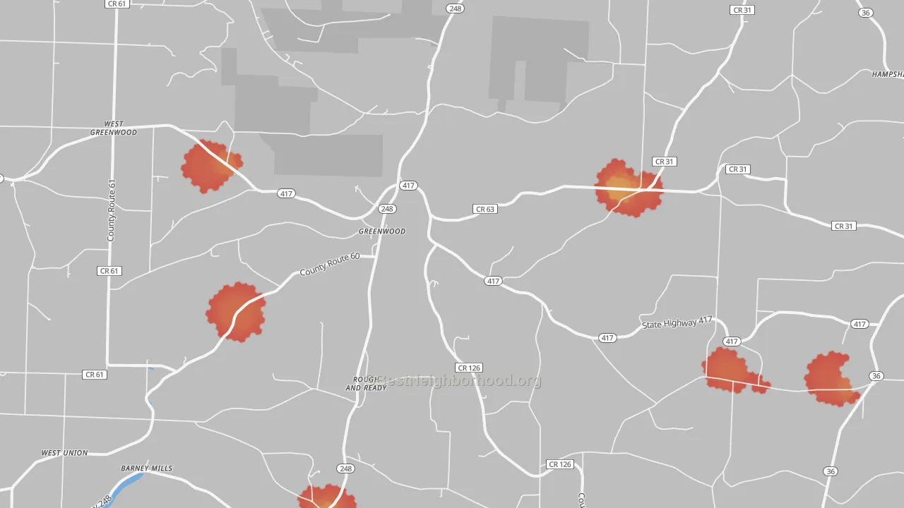 Walk Grade map of Greenwood, NY, walkable areas in green and car-dependent areas in red