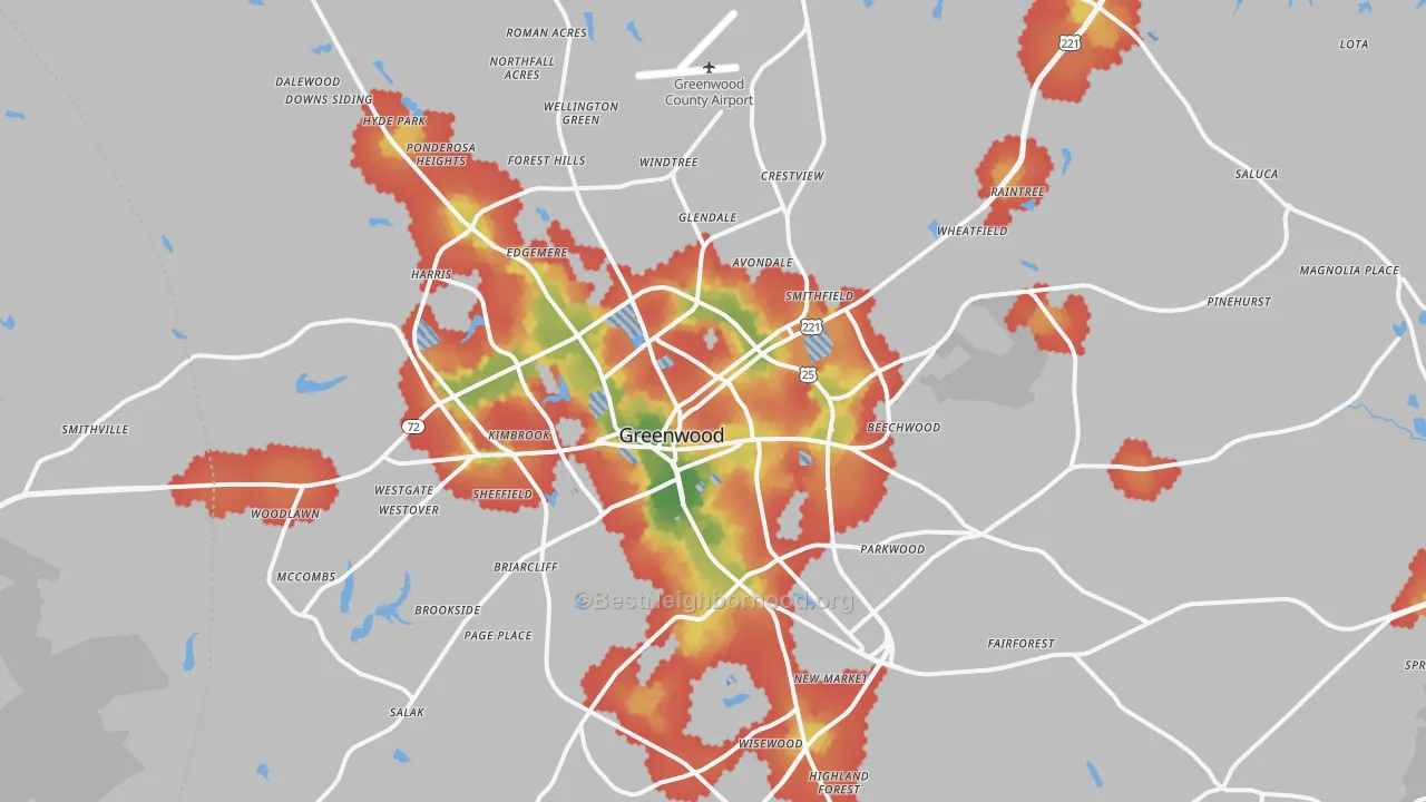 Walk Grade map of Greenwood, SC, walkable areas in green and car-dependent areas in red