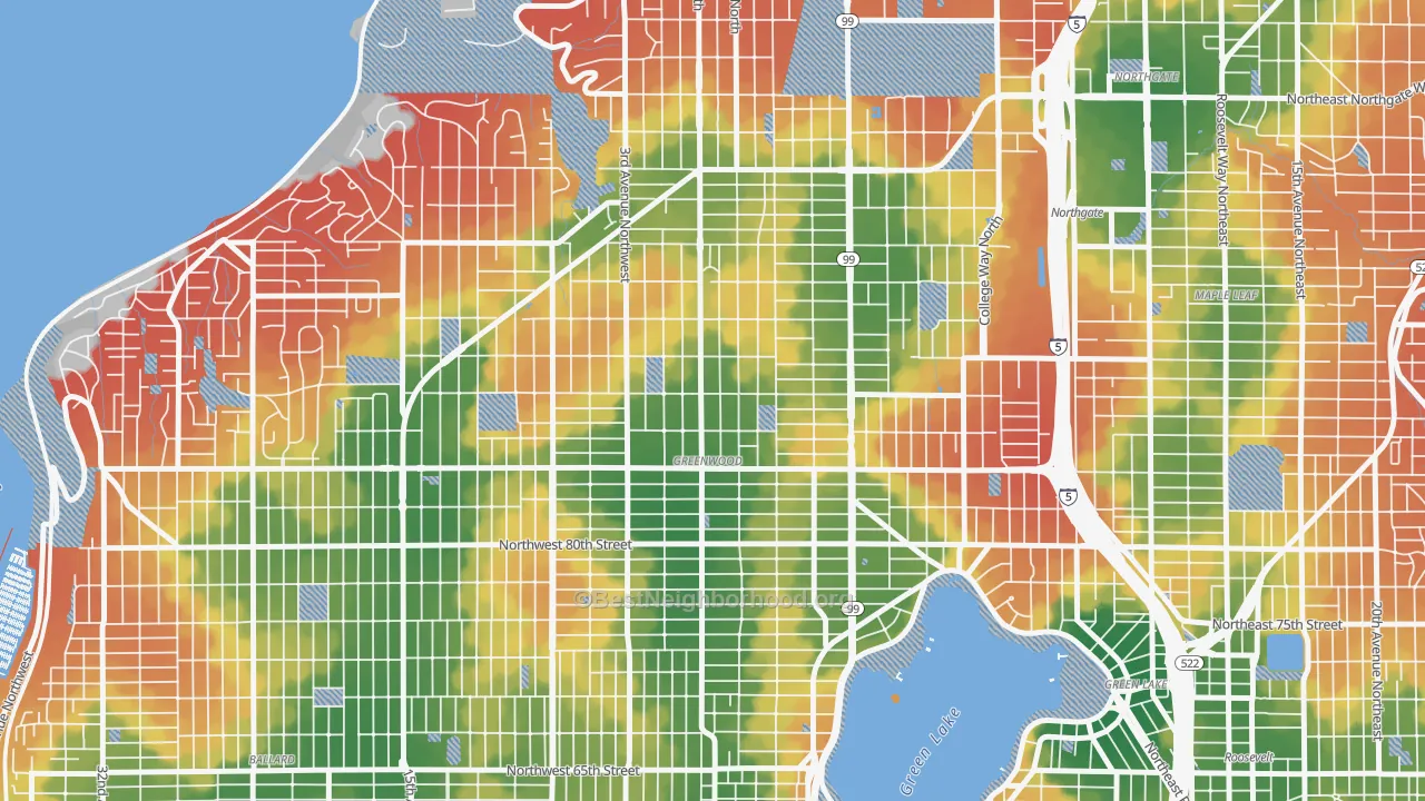 Walk Grade map of Greenwood, Seattle, WA, walkable areas in green and car-dependent areas in red