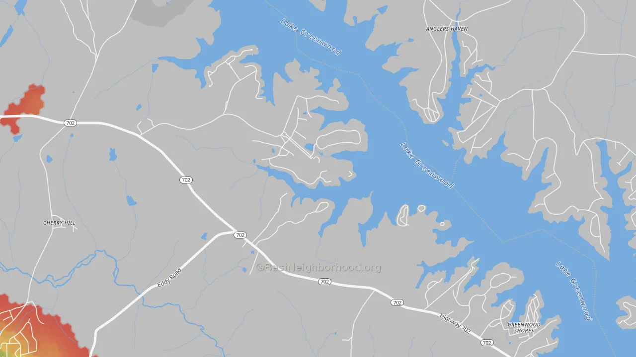 Walk Grade map of Greenwood Shores, SC, walkable areas in green and car-dependent areas in red