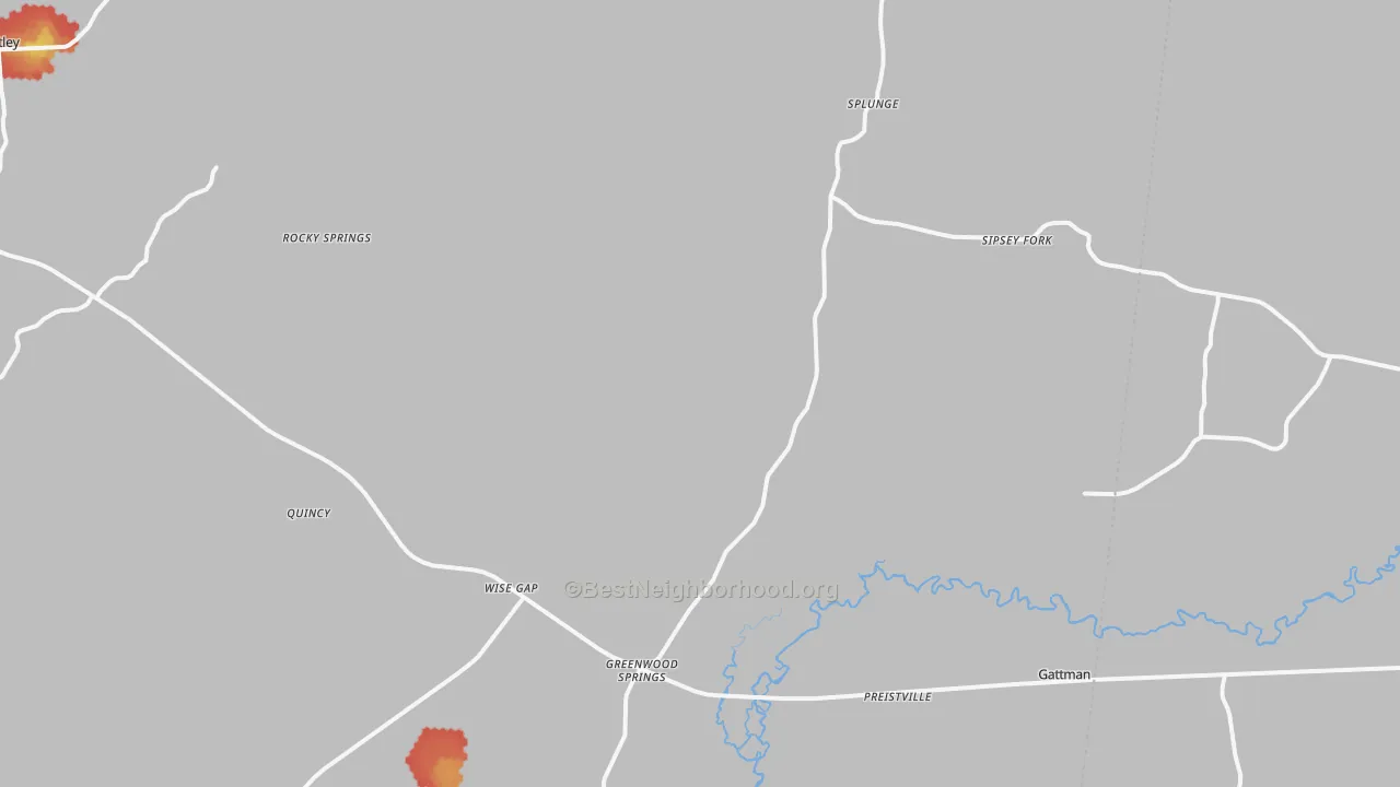 Walk Grade map of Greenwood Springs, MS, walkable areas in green and car-dependent areas in red