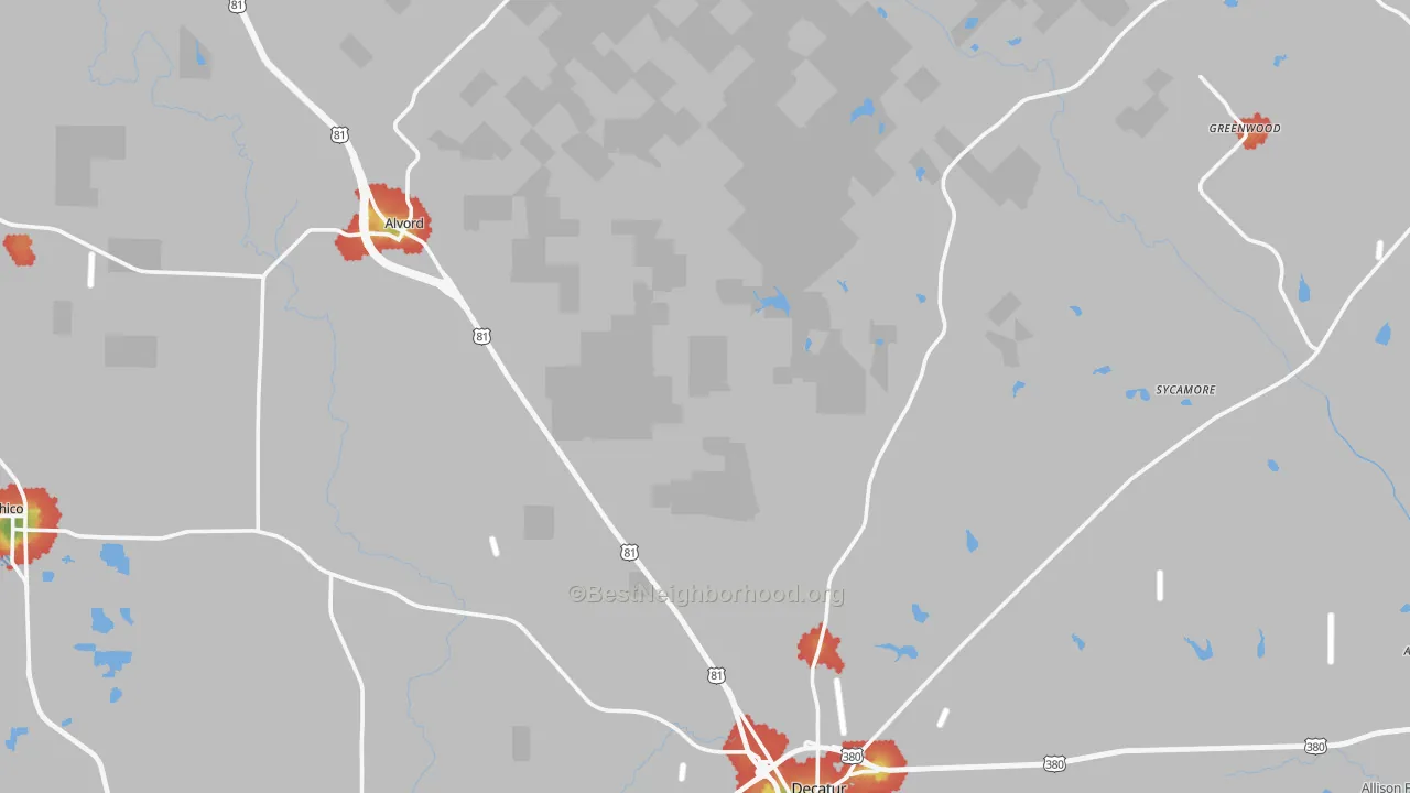 Walk Grade map of Greenwood, TX, walkable areas in green and car-dependent areas in red