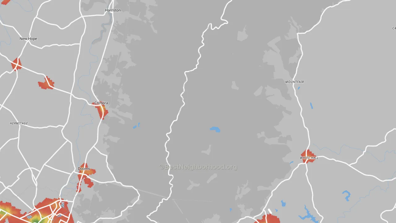 Walk Grade map of Greenwood, VA, walkable areas in green and car-dependent areas in red