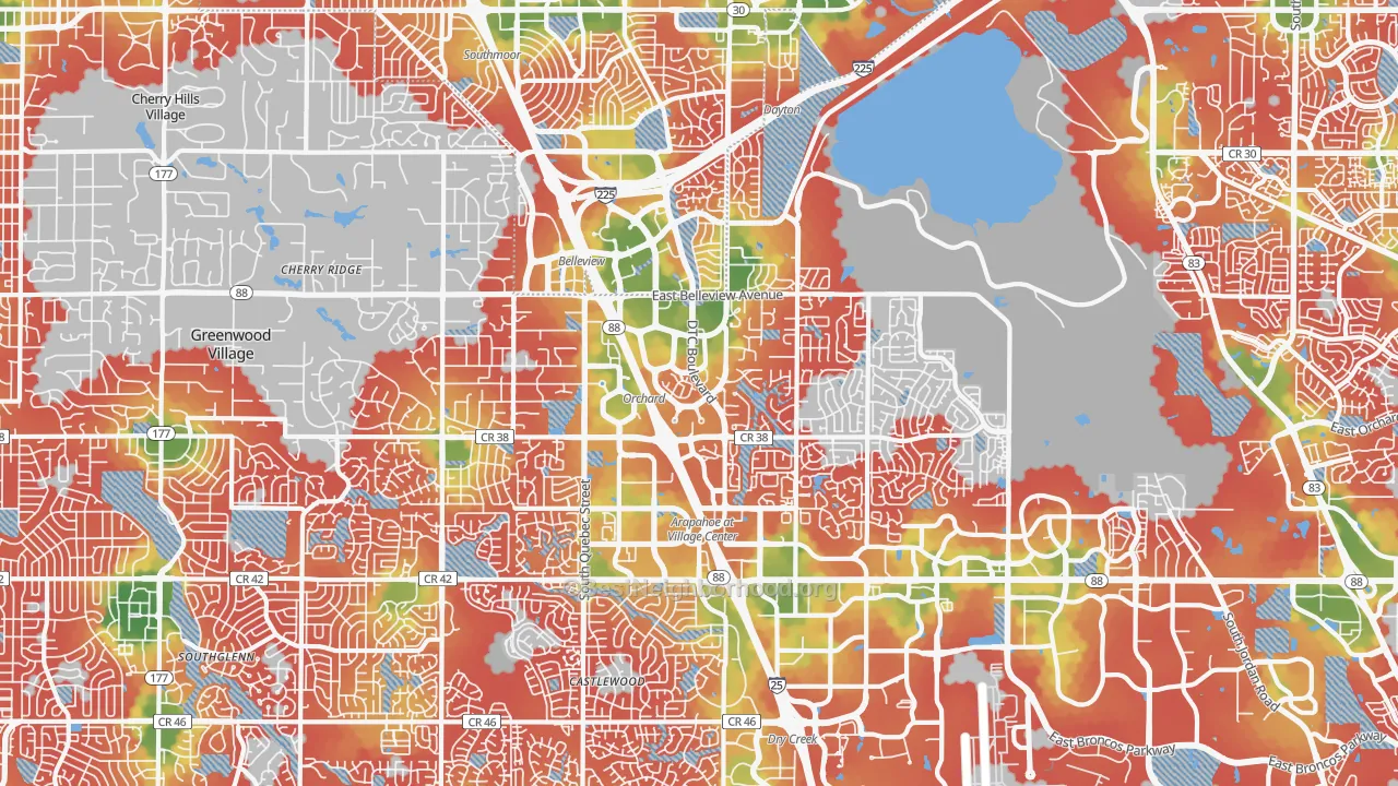 Walk Grade map of Greenwood Village, CO, walkable areas in green and car-dependent areas in red