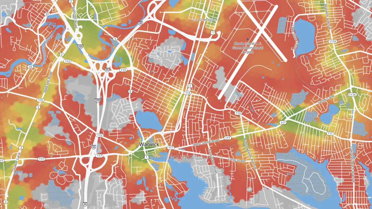 Walk Grade map of Greenwood, Warwick, RI, walkable areas in green and car-dependent areas in red