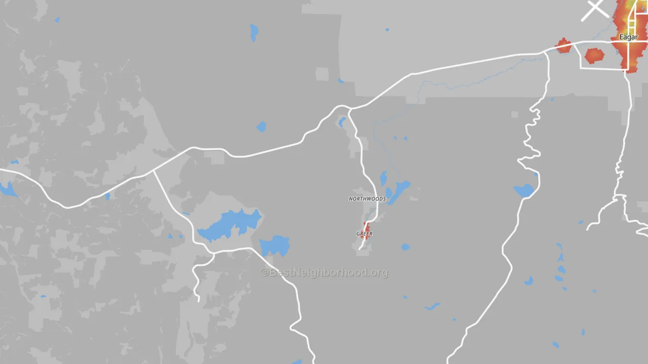 Walk Grade map of Greer, AZ, walkable areas in green and car-dependent areas in red