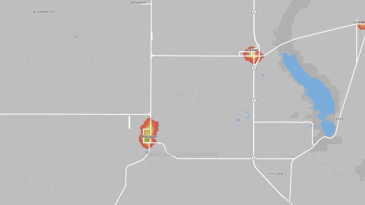 Walk Grade map of Greer County, OK, walkable areas in green and car-dependent areas in red