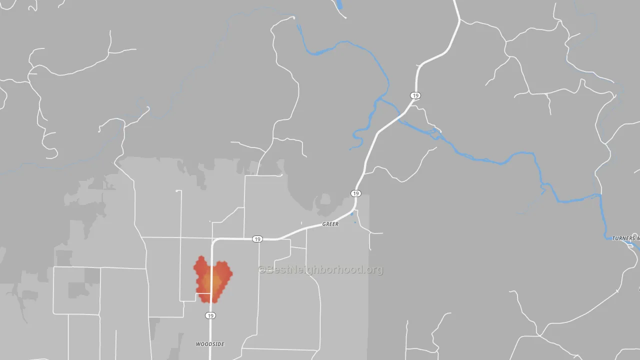 Walk Grade map of Greer, MO, walkable areas in green and car-dependent areas in red
