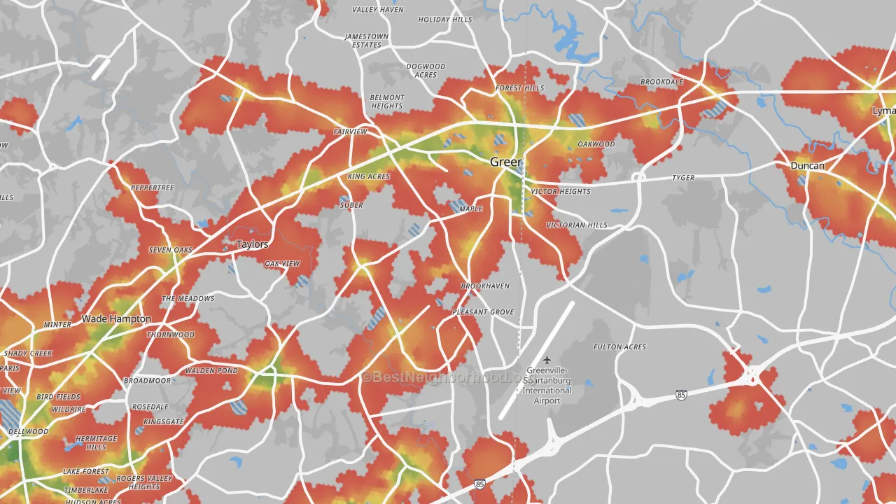 Walk Grade map of Greer, SC, walkable areas in green and car-dependent areas in red