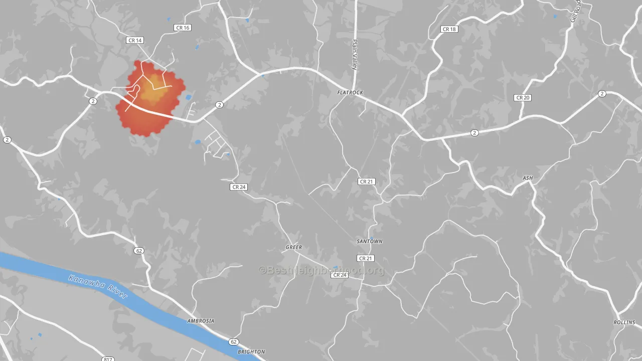 Walk Grade map of Greer, WV, walkable areas in green and car-dependent areas in red