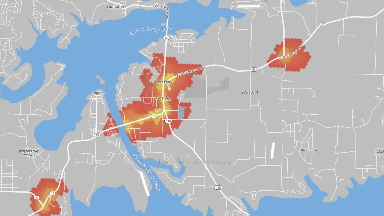 Walk Grade map of Greers Ferry, AR, walkable areas in green and car-dependent areas in red