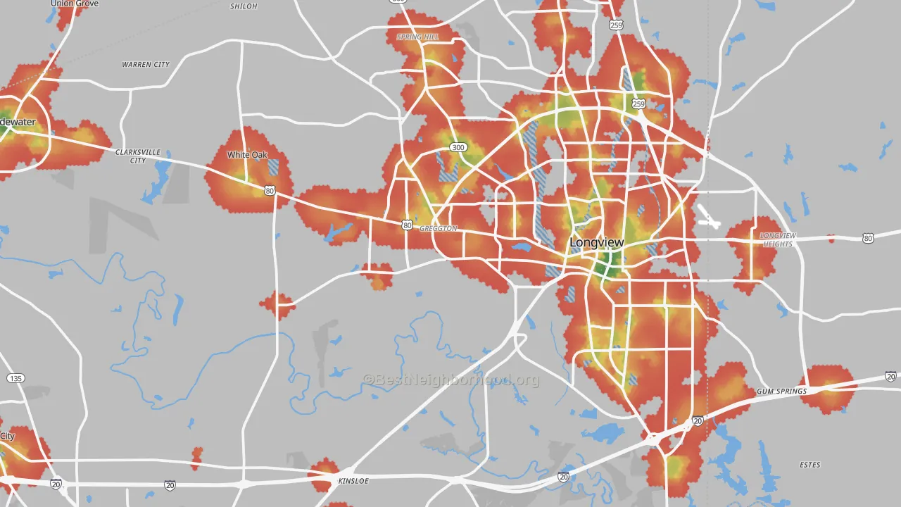 Walk Grade map of Gregg County, TX, walkable areas in green and car-dependent areas in red
