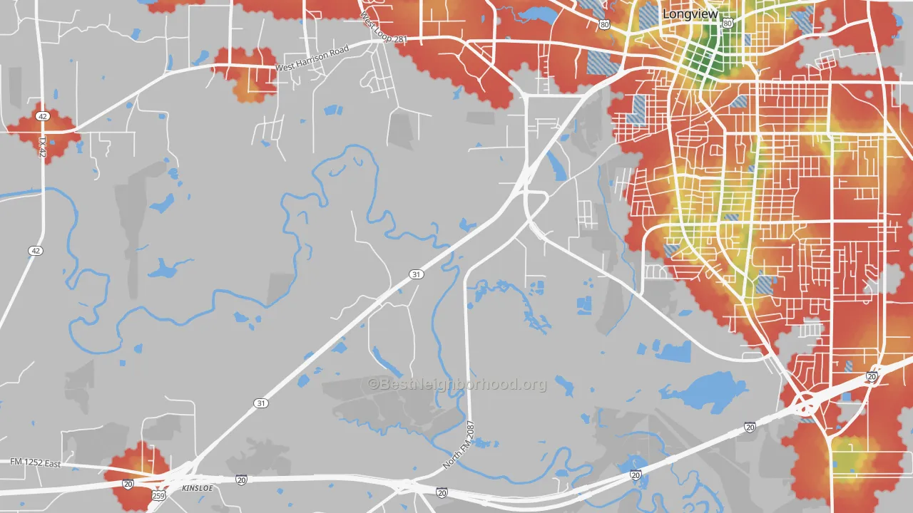 Walk Grade map of Greggton, TX, walkable areas in green and car-dependent areas in red