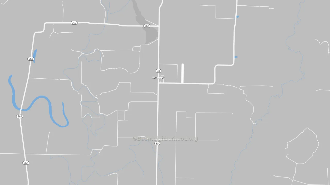 Walk Grade map of Gregory, AR, walkable areas in green and car-dependent areas in red