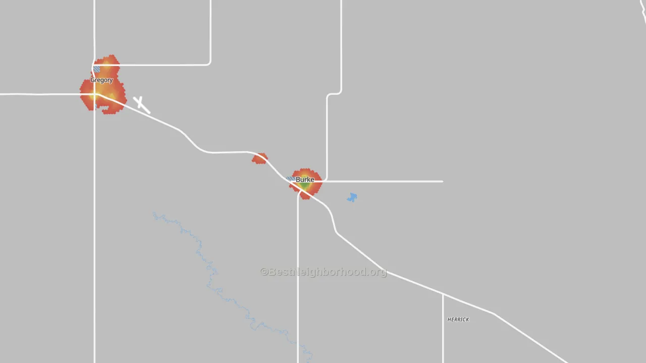 Walk Grade map of Gregory County, SD, walkable areas in green and car-dependent areas in red