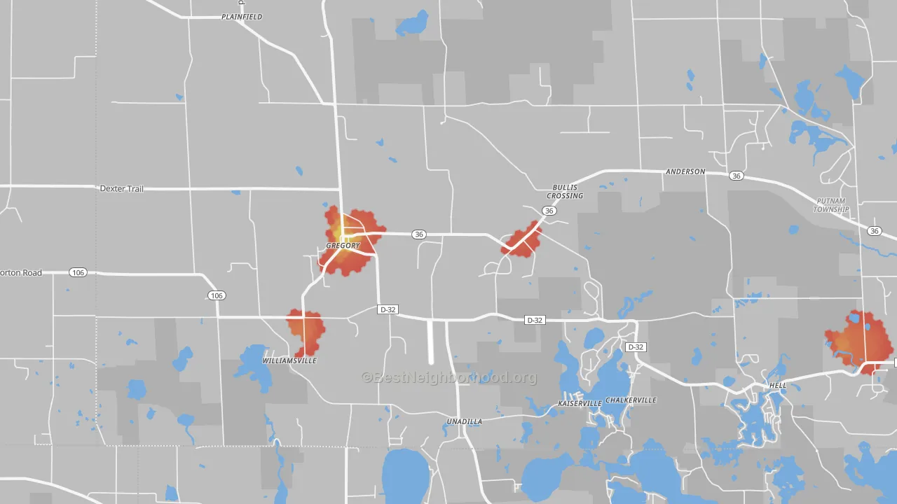 Walk Grade map of Gregory, MI, walkable areas in green and car-dependent areas in red