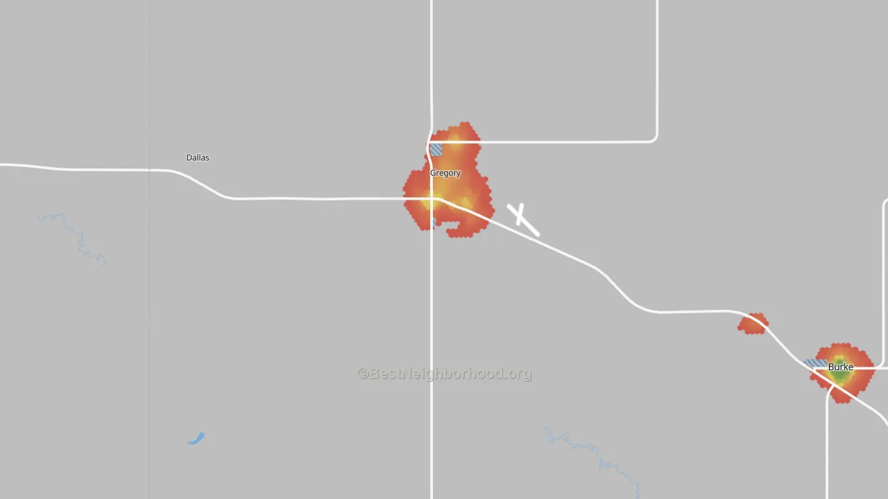 Walk Grade map of Gregory, SD, walkable areas in green and car-dependent areas in red