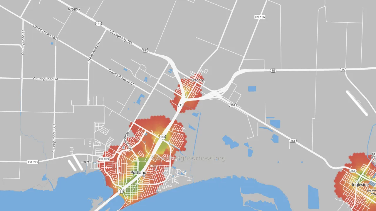 Walk Grade map of Gregory, TX, walkable areas in green and car-dependent areas in red