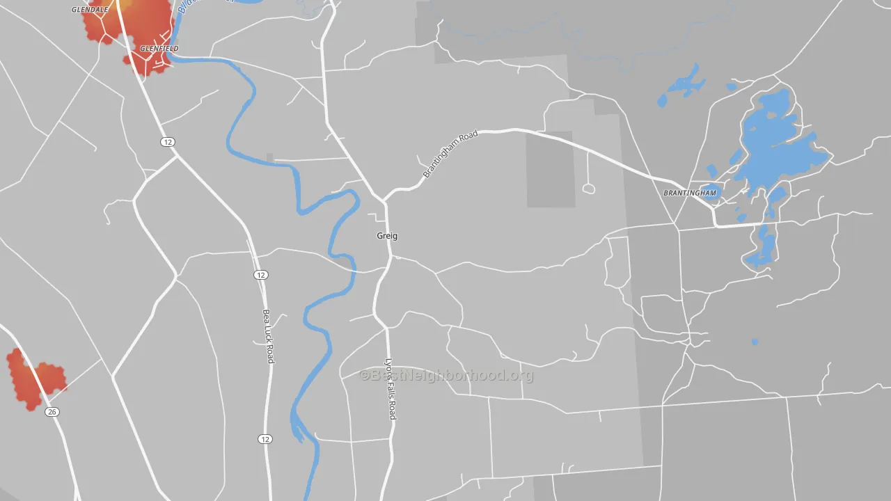 Walk Grade map of Greig, NY, walkable areas in green and car-dependent areas in red