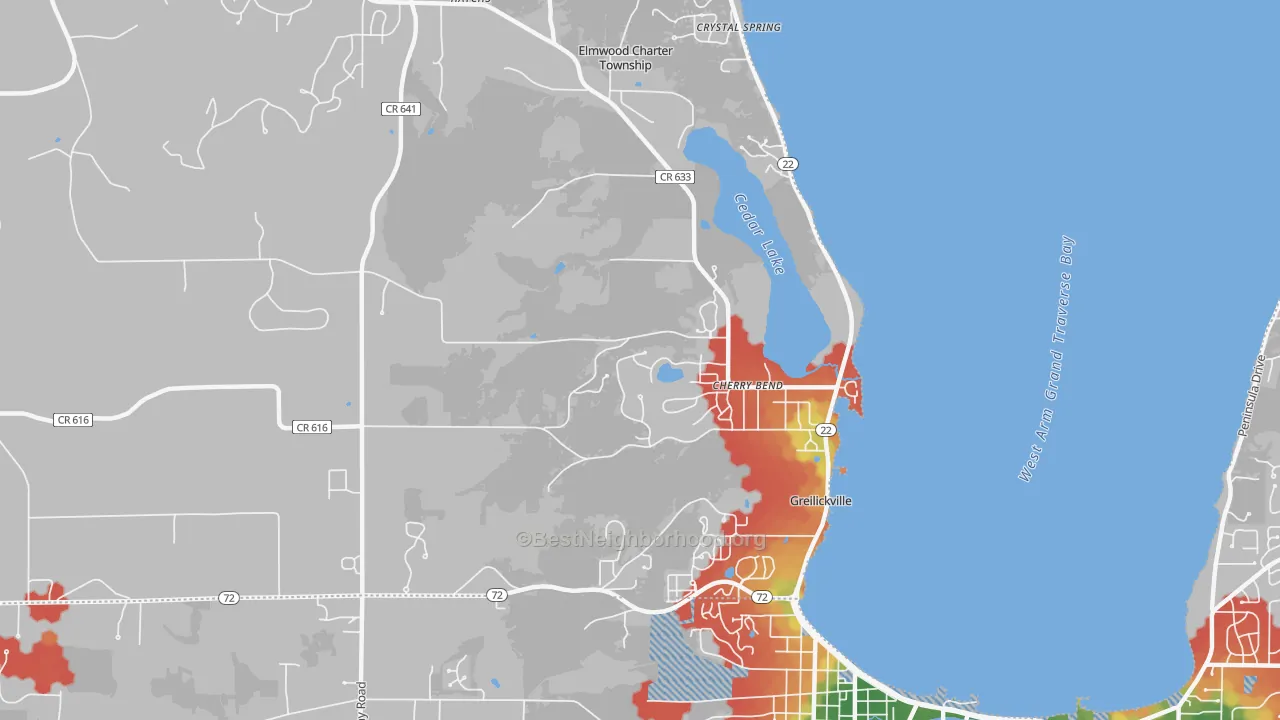 Walk Grade map of Greilickville, MI, walkable areas in green and car-dependent areas in red