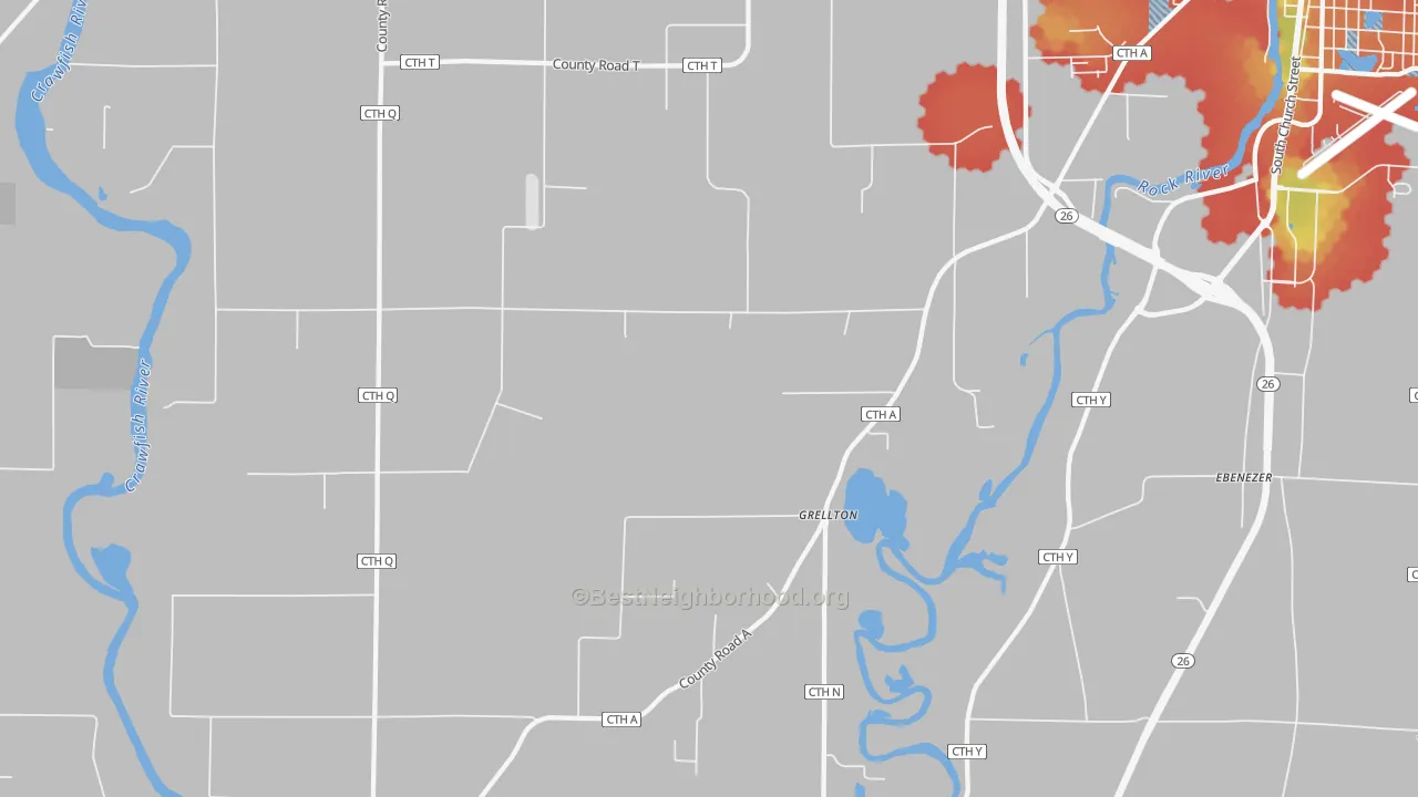 Walk Grade map of Grellton, WI, walkable areas in green and car-dependent areas in red