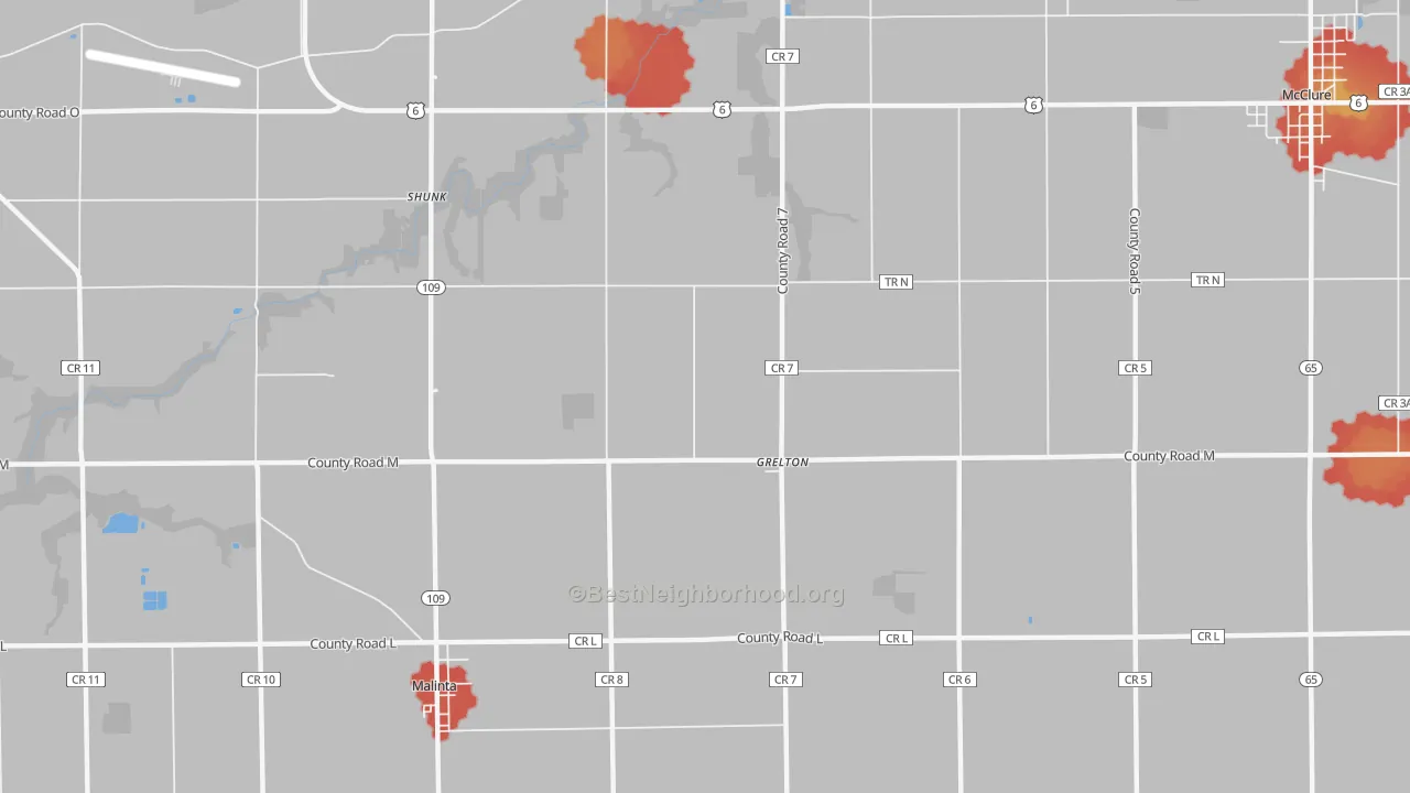 Walk Grade map of Grelton, OH, walkable areas in green and car-dependent areas in red