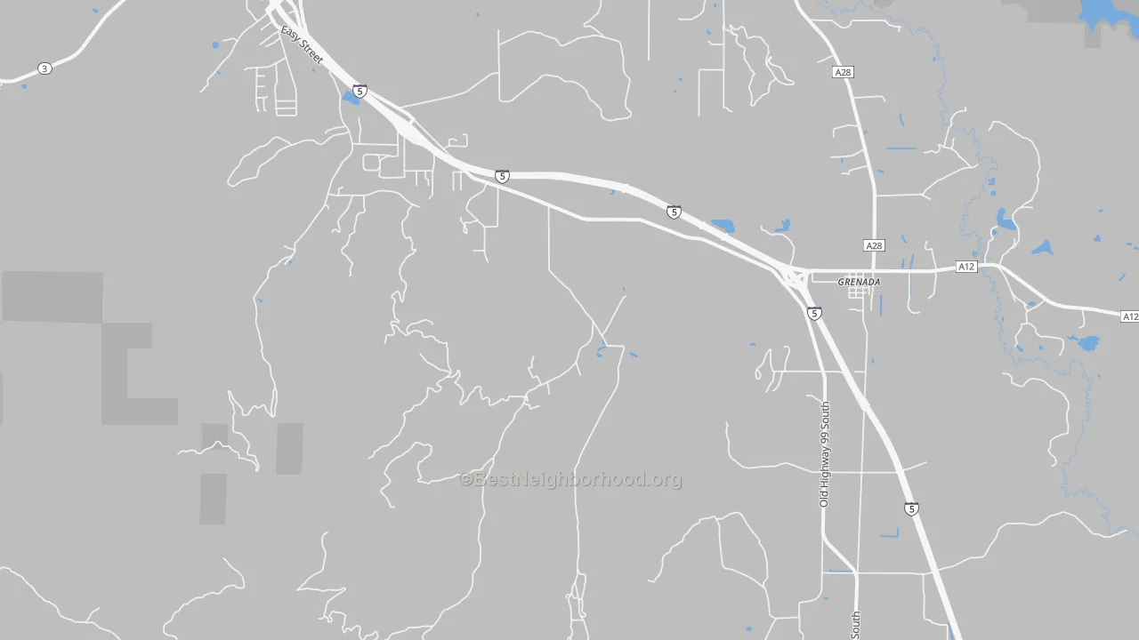 Walk Grade map of Grenada, CA, walkable areas in green and car-dependent areas in red