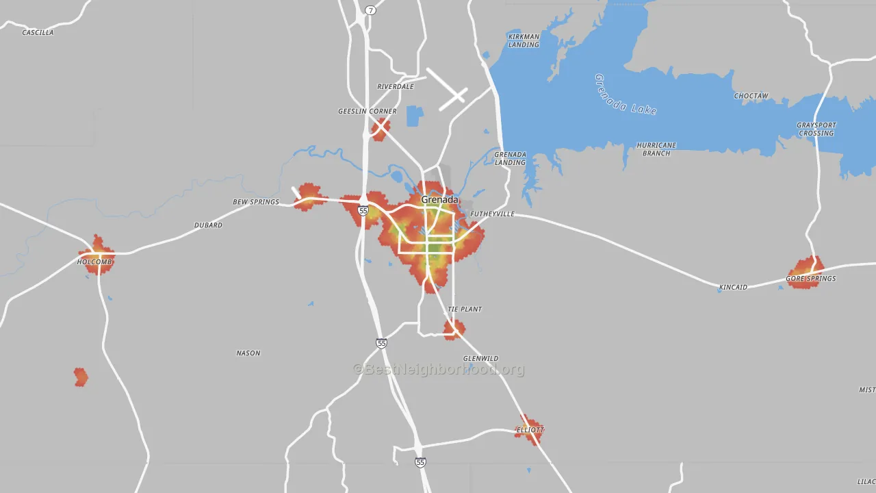 Walk Grade map of Grenada County, MS, walkable areas in green and car-dependent areas in red
