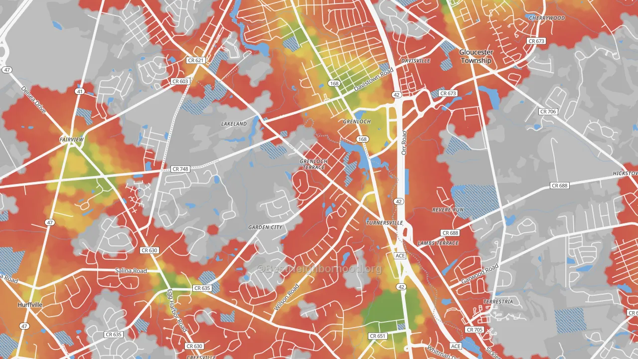 Walk Grade map of Grenloch, NJ, walkable areas in green and car-dependent areas in red