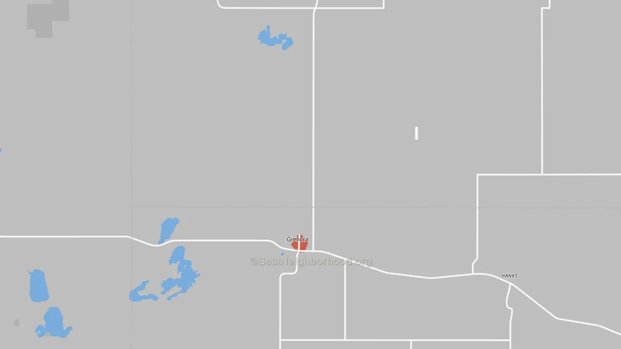 Walk Grade map of Grenora, ND, walkable areas in green and car-dependent areas in red