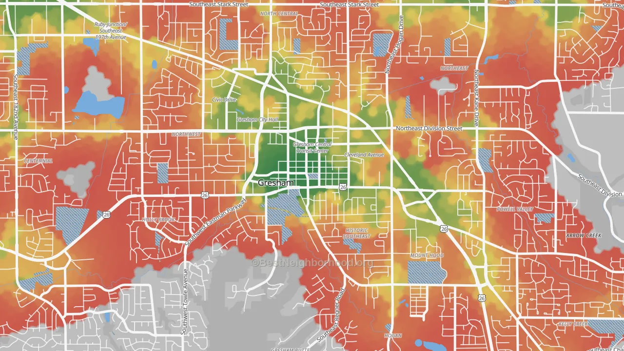 Walk Grade map of Gresham-City Central, Gresham, OR, walkable areas in green and car-dependent areas in red