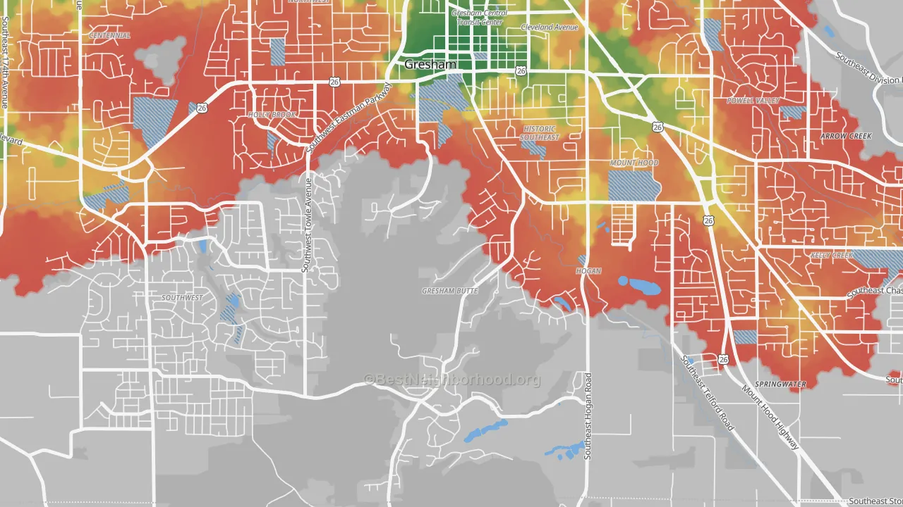 Walk Grade map of Gresham-Gresham Butte, Gresham, OR, walkable areas in green and car-dependent areas in red